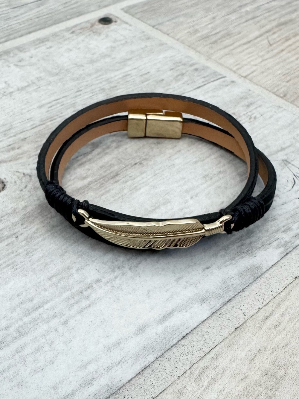 Black Faux Leather Gold Feather Wrap Bracelet